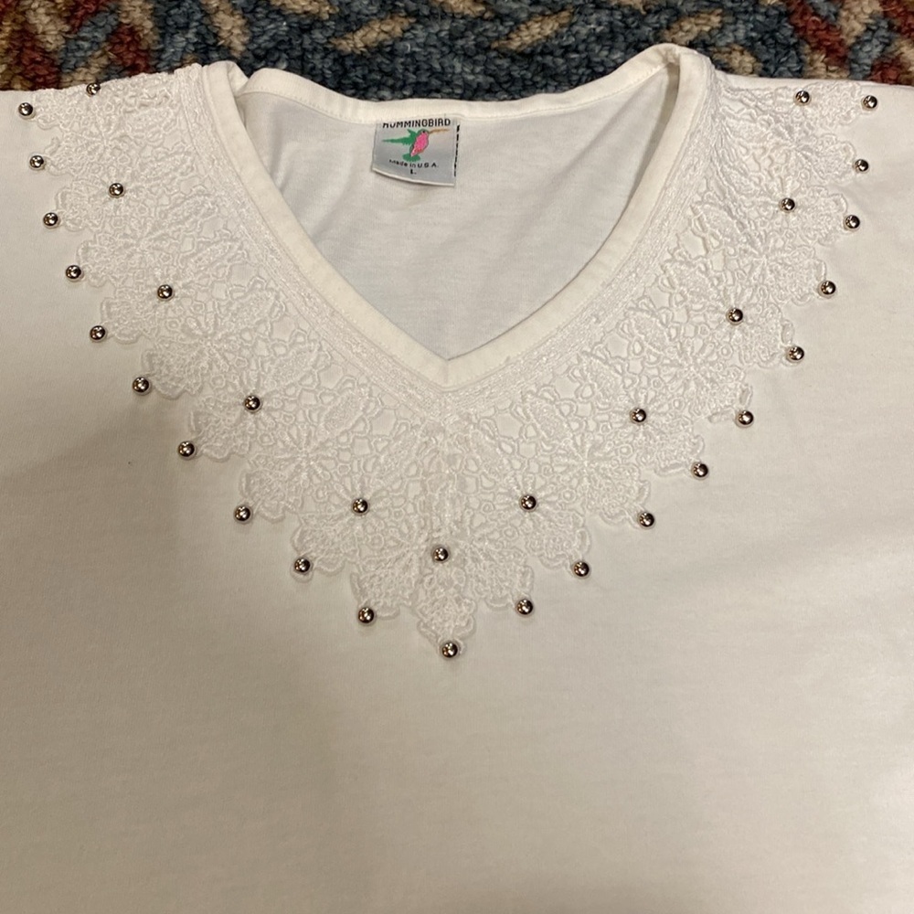 Vintage Women’s Large V-Neck Hummingbird Top with Sequins Summer Fall